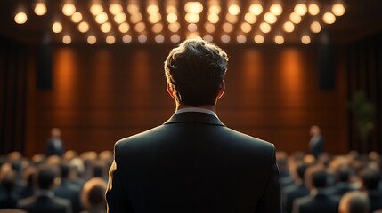 Fototapeta premium Conference speaker addresses audience in business seminar hall indoor