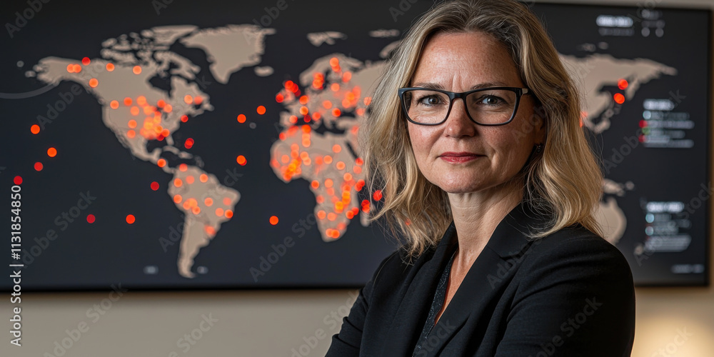 Poster cyber attack and incident response concept. professional woman stands confidently in front of digita