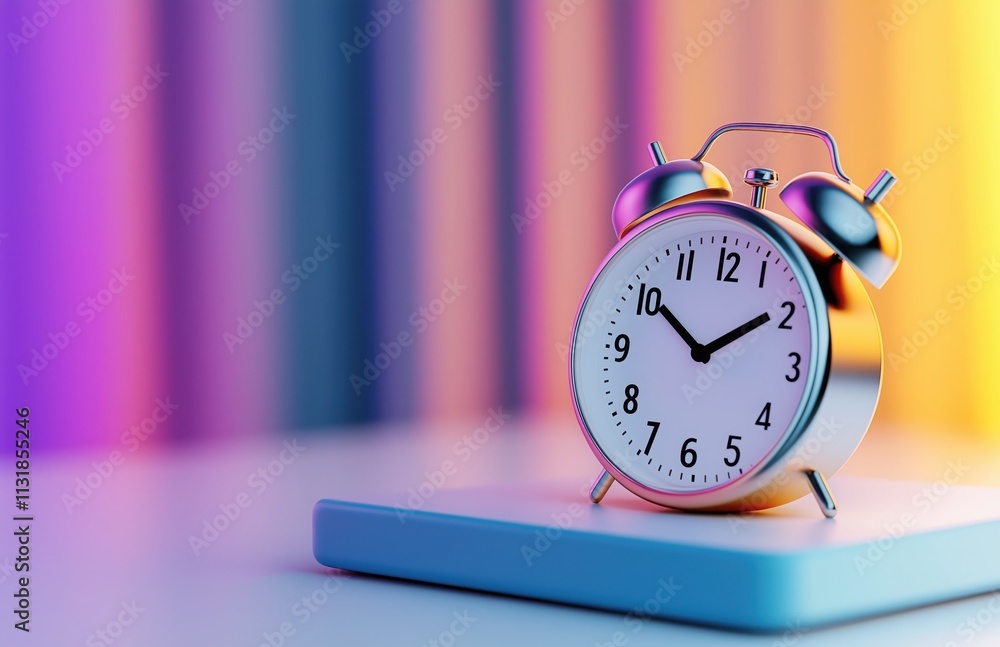 Poster a close-up of a vintage alarm clock on a colorful background, highlighting its classic design and fu