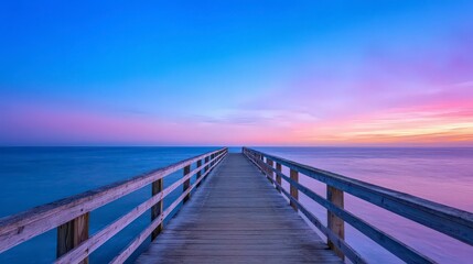 Obraz premium Serene Sunset Seascape Wooden Pier Calm Ocean Colorful Sky
