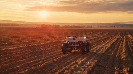 Fototapeta premium Agricultural robot planting seeds in straight rows on a vast farmland