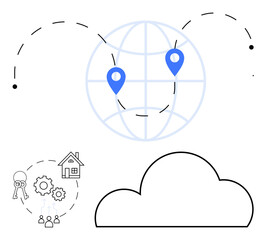 Globe with location markers, cloud, keys with gears, and house icons. Ideal for real estate, cloud computing, global networking, property management, technology integration location services