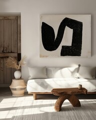 Minimalist Japandi loft living room with boucle sofa, wooden side table, sideboard, and abstract art on a gray concrete wall