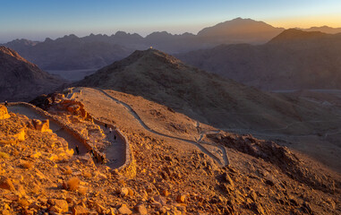Sunrise over the desert viewed from the Sinai mountains.