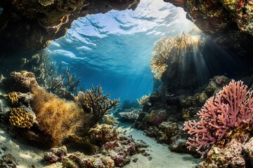 Underwater coral reef with vibrant marine life.