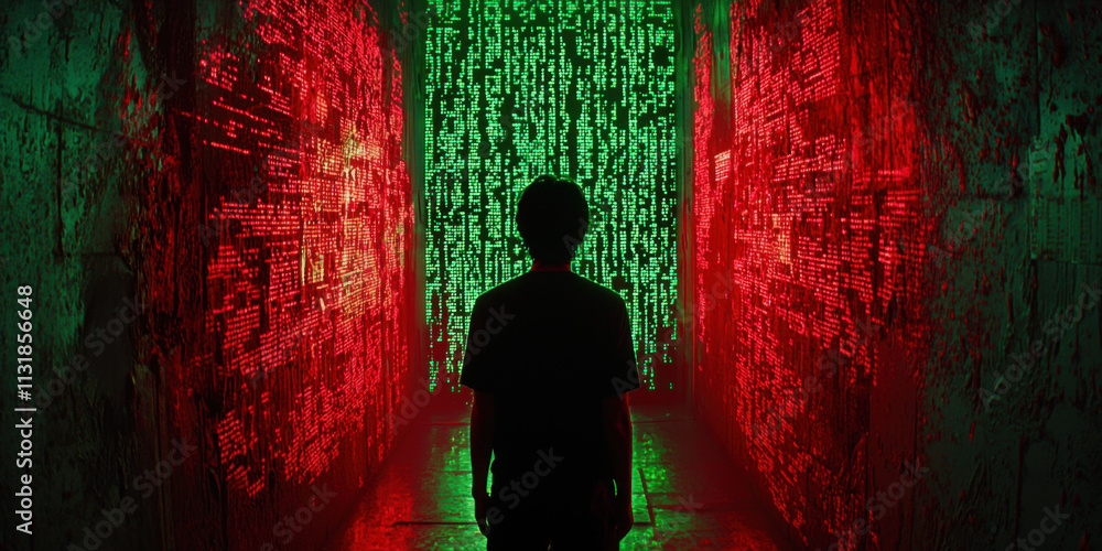 Poster cyber attack and incident response concept. person standing in dark corridor illuminated by green an