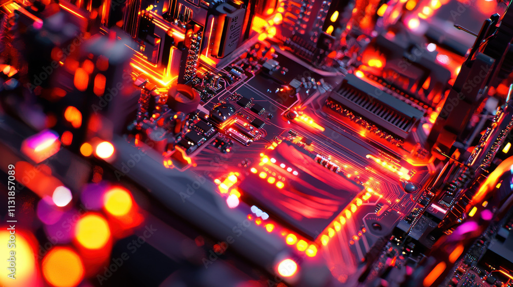Poster cyber attack and incident response concept. high tech circuit board with glowing components and intr