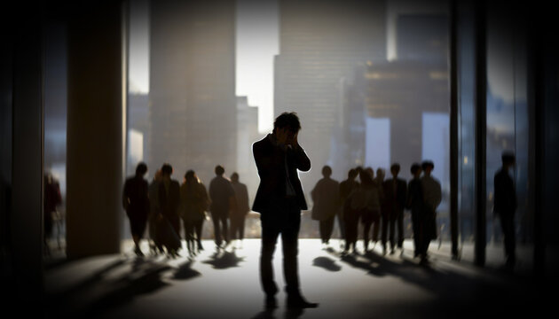 人混みのビジネスオフィス街　ひとり落ち込み項垂れる暗い雰囲気のストレスに疲れたスーツ姿の男性のシルエット　仕事・悩み・苦悩・頭痛・鬱・絶望のイメージ