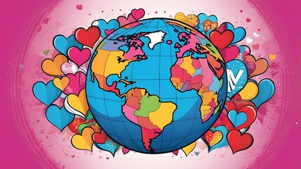 Colorful Earth Surrounded by Hearts Showing Global Love