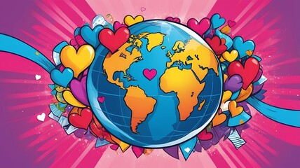 Colorful Hearts Surround a World Map Globe