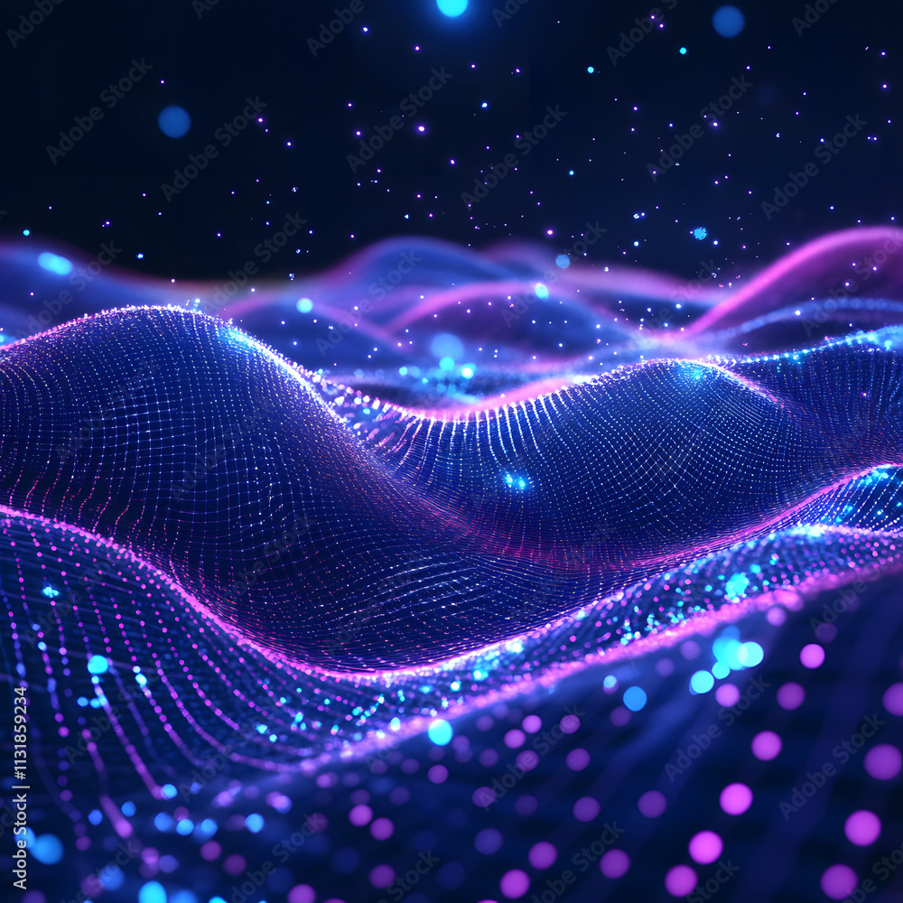 Poster blue and purple abstract background with flowing particles. digital future technology concept. vecto