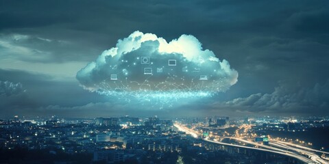 Night cityscape with cloud computing concept.
