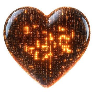Heart shape design with glowing binary code, digital love concept.