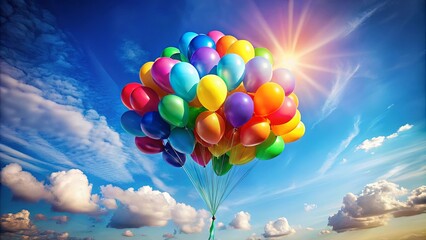 A vibrant cluster of colorful balloons ascends against a backdrop of a sunny blue sky and fluffy white clouds, symbolizing joy and celebration.