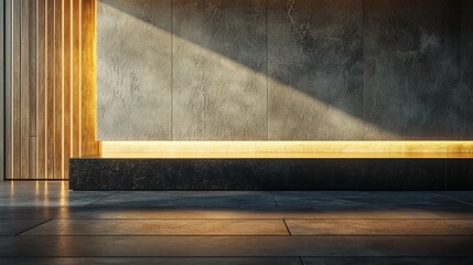 Minimalist interior with concrete wall, wooden panel, and illuminated platform.