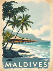 Obraz premium Maldives poster illustration, travel decor gift paper canvas wall retro art.