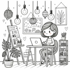 Obraz premium Cute Cartoon Girl Working on Laptop in Cozy Home Office