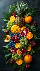 A stunning array of exotic fruits arranged artistically on a dark surface, highlighting the vivid colors of mangoes, pineapples, and pomegranates, clustered among fresh greens