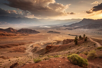 Fototapeta premium breathtaking desert landscape with rugged hills, winding paths, and distant mountains under dramatic sunset sky, evoking sense of serenity and vastness
