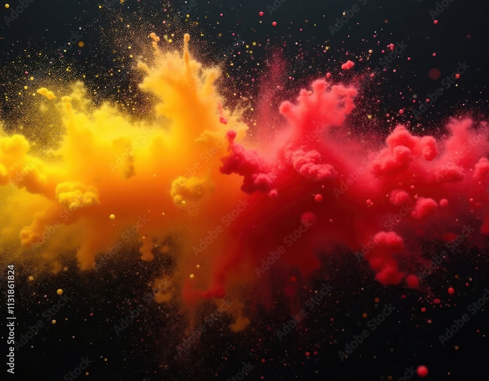 Poster red, yellow colored powder exploding against black background. abstract, dynamic image of vibrant co