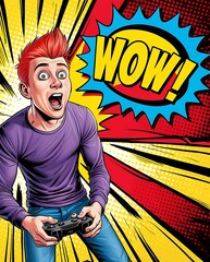 Excited gamer in pop art style, with a shocked expression while holding a game controller, vibrant comic book elements, and explosive WOW! text 