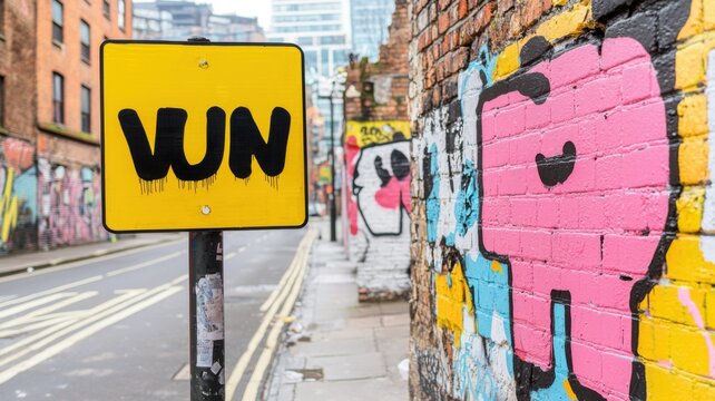 Unemployment impact form econocic recession. Urban street art with vibrant graffiti and a yellow sign displaying "VUN.
