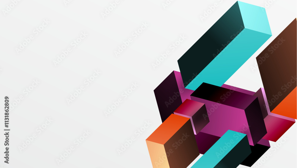 Poster sleek abstract design featuring isometric 3d blocks in a clean, modern composition. perfect for tech