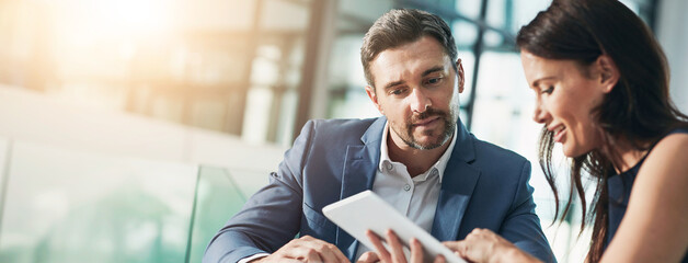Banner, advice and tablet with business people in office for web design, planning and target...