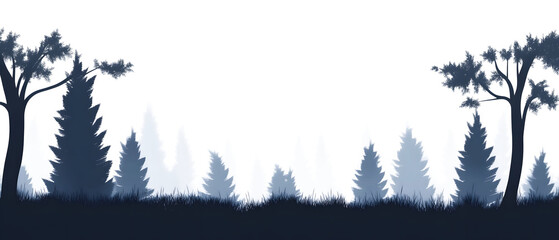 Silhouette Forest with Layered Pine Trees on a transparent and white background
