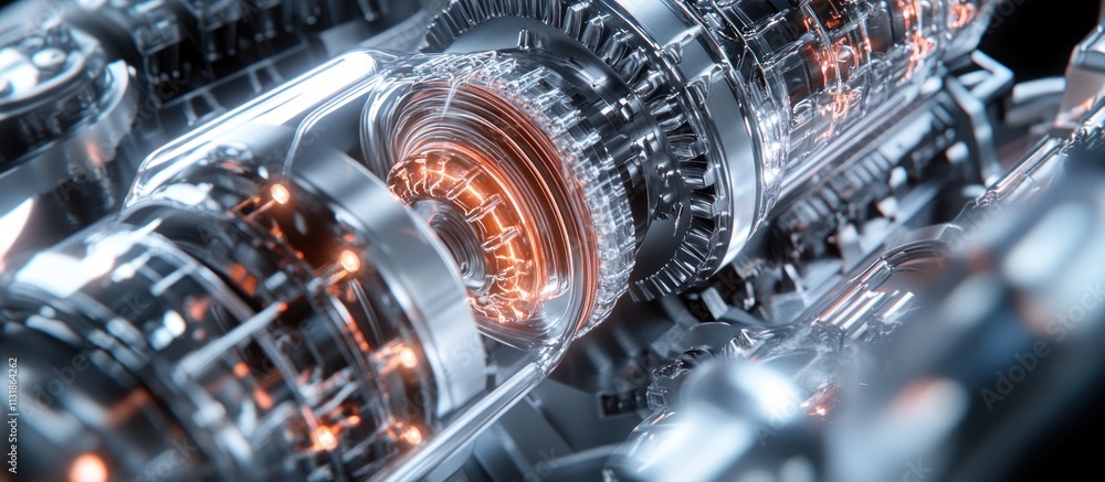 Poster close-up of a complex, high-tech engine's internal mechanisms with glowing orange components.