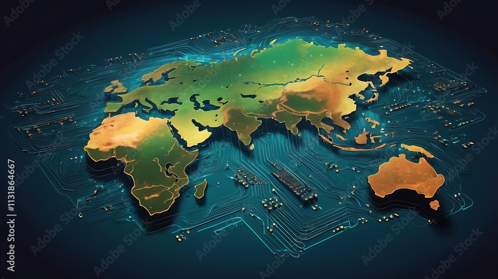 Poster global network world map circuit board design