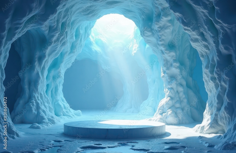 Poster Ice cave interior displays light blue stone podium. Natural light illuminates cavernous space. Ice formations surround central display. 3d rendering ideal for product artwork. Stunning image with