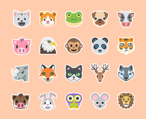 Set of stickers face cute animals