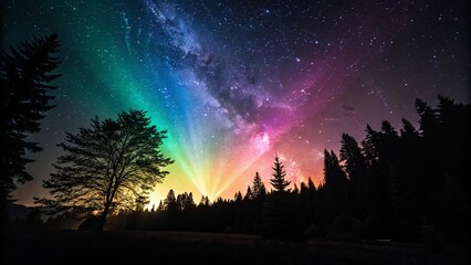 A beautiful night sky with a rainbow of colors and a tree in the foreground