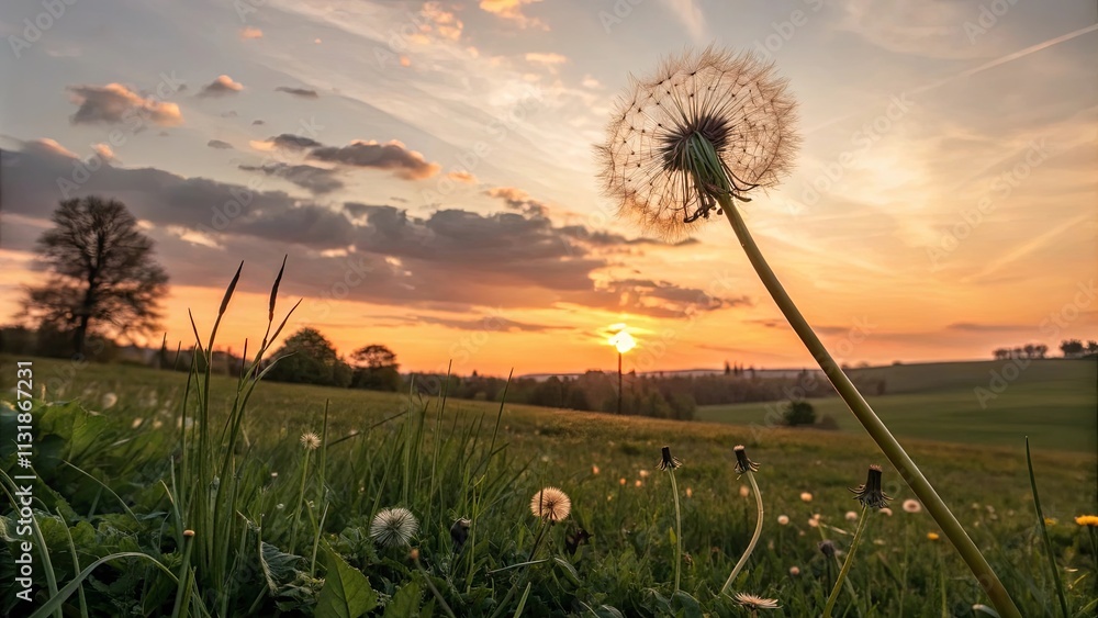 Poster A field of grass with a dandelion in the foreground
