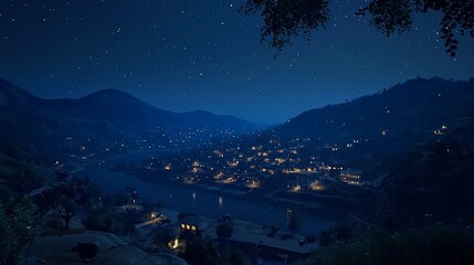 Night view of a village nestled in a valley beside a river under a starry sky.