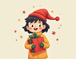 cheerful child  holds a gift wrapped in red paper with a green ribbon, set against a background of scattered stars. The kid is wearing a festive hat and warm clothes, radiating happiness 