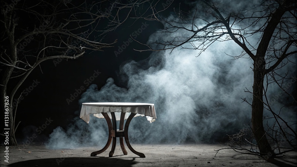 Poster A table with a white cloth on it is in the middle of a forest