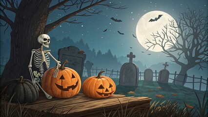 Fototapeta premium A skeleton is sitting on a wooden fence next to two pumpkins and a cemetery
