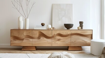 Scandinavian modern living room with textured wood carving credenza, white decor pieces, and minimalist design for a bright home