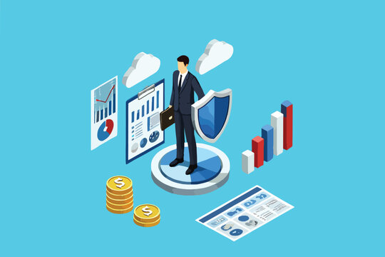 Guarding Data, An Isometric View of a Businessman Standing on a Data Chart with a Shield