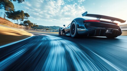 Fototapeta premium Modern supercar driving fast on a racetrack on a sunny day