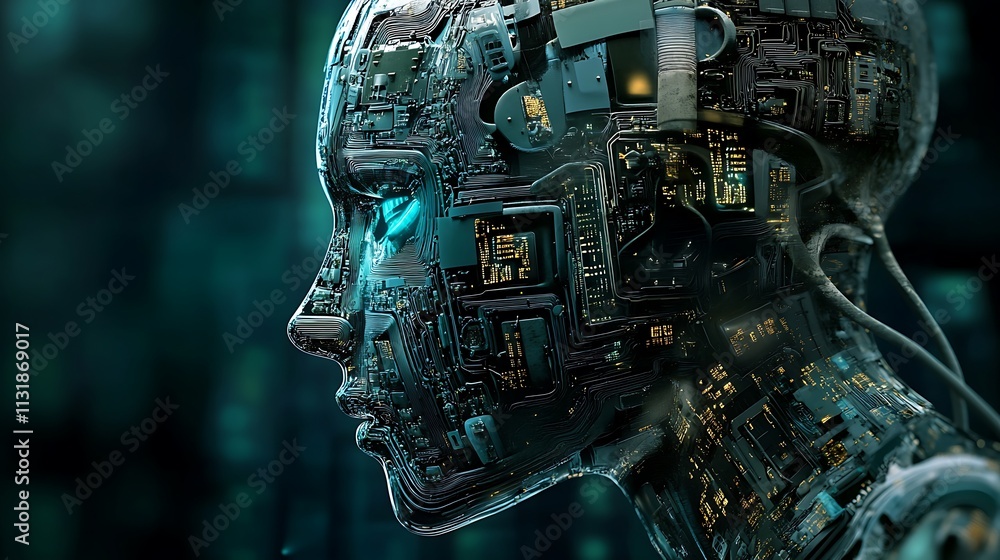 Poster close-up of 3d rendered cyborg head with futuristic digital complex circuits for future ai technolog