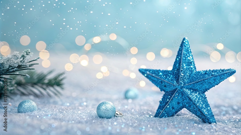 Poster a blue star is on a snowy ground with a pine tree in the background