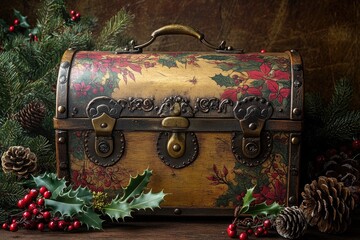 Old wooden christmas chest surrounded by holly branches and pine cones sitting on a wooden table