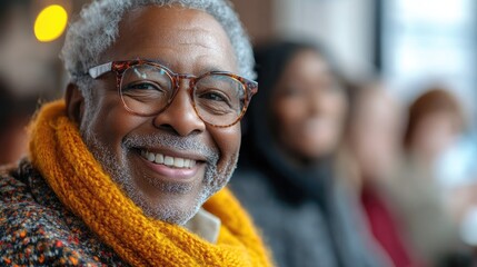 Portrait of smiling senior man wearing glasses and scarf in cafe