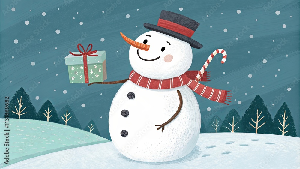 Poster a snowman holding a green box with a red ribbon on it