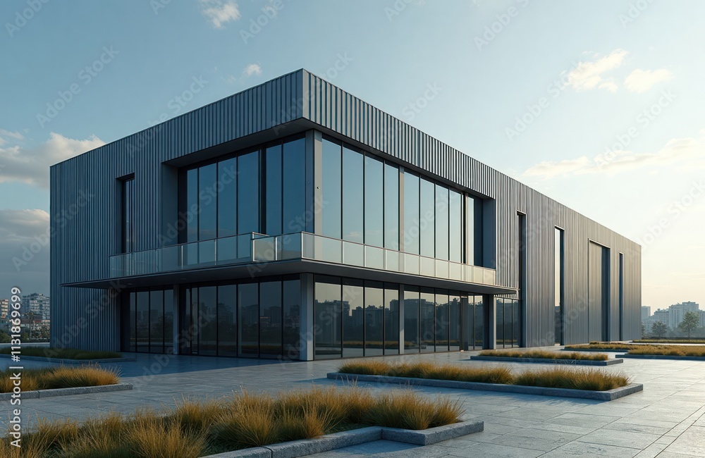 Aufkleber modern building with large windows, metal roof stands in city. modern architecture design with many 