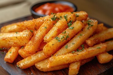 Close-up of delicious golden french fries sprinkled with salt and pepper