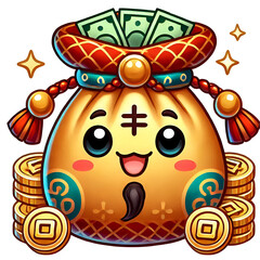 Fototapeta premium cartoon Chinese coin bag, traditional Chinese coin pouch, realistic cartoon coin bag,